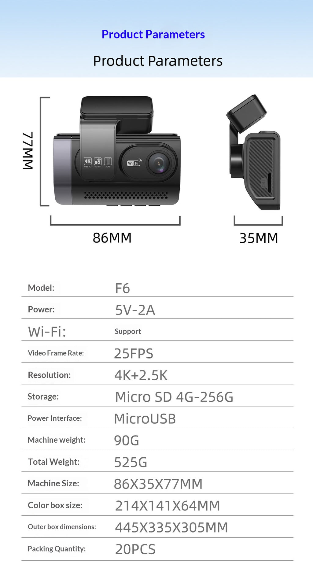 Voiture haute définition 4K avant et arrière double enregistrement dans le véhicule Dashcam