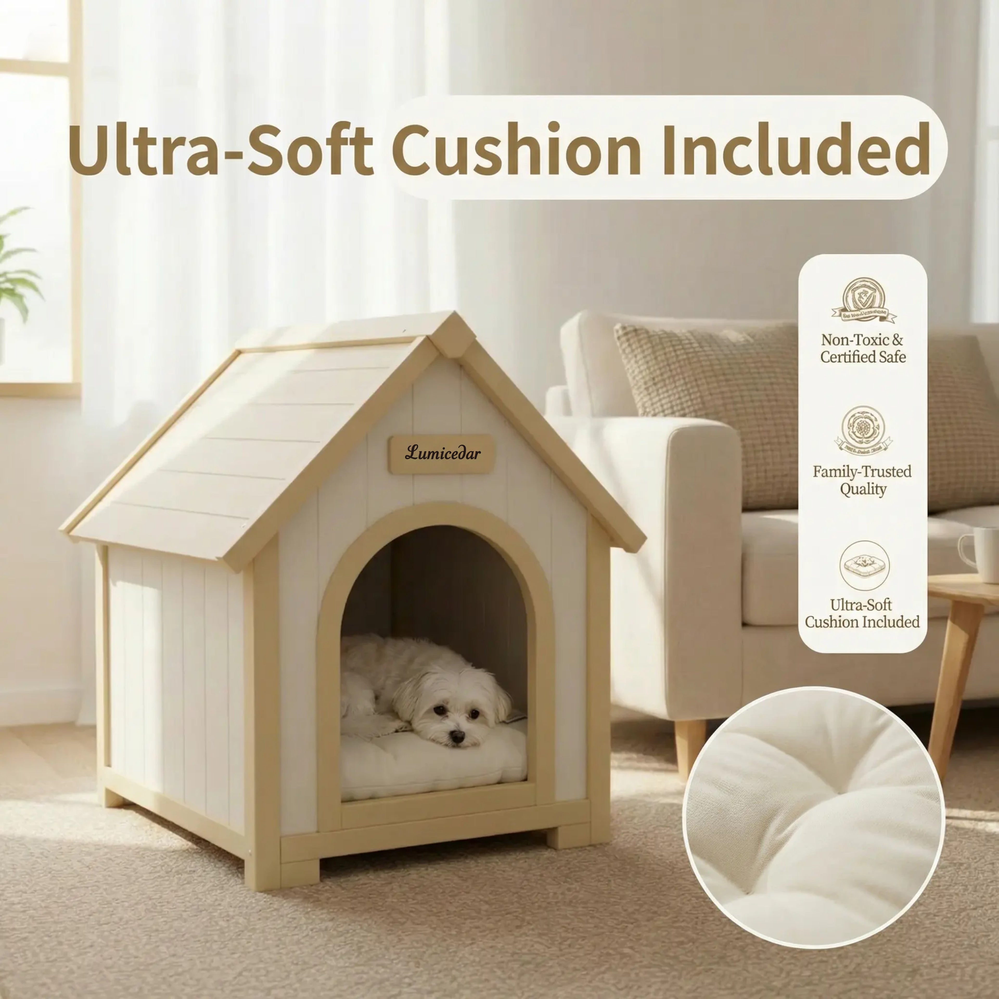 Maison de chien en bois moderne avec coussin EVA – Cèdre solide Pet House pour petits chiens & C