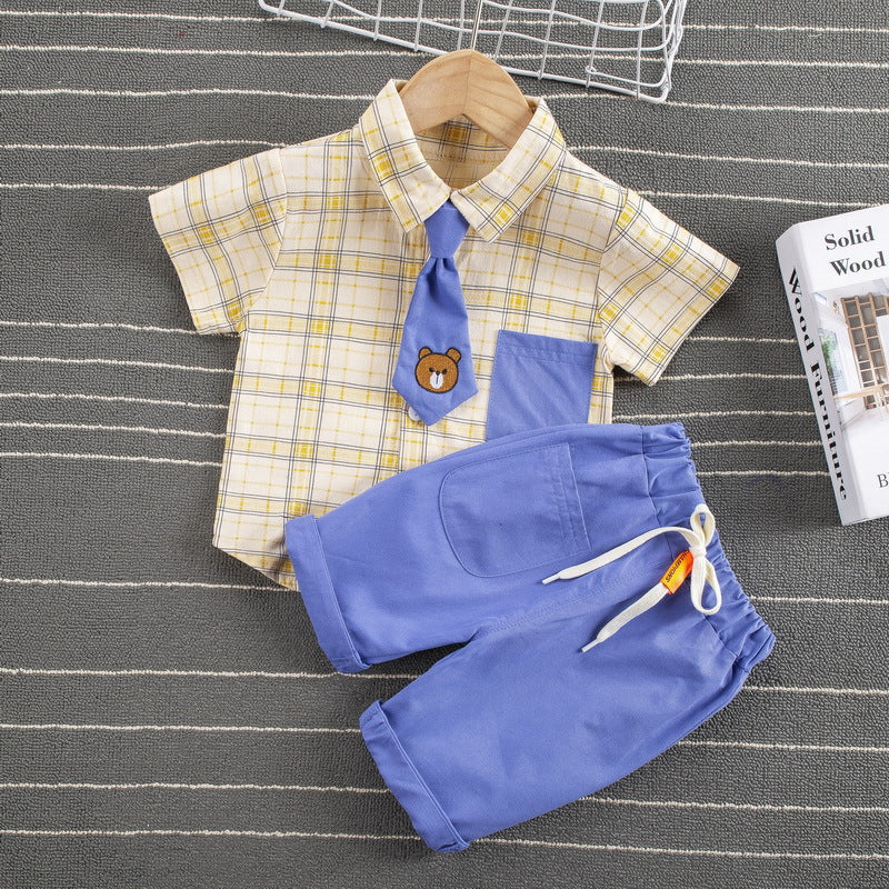 Gentlemans mode Plaid Tie Lapel Shirt and Shorts Ensemble à deux pièces