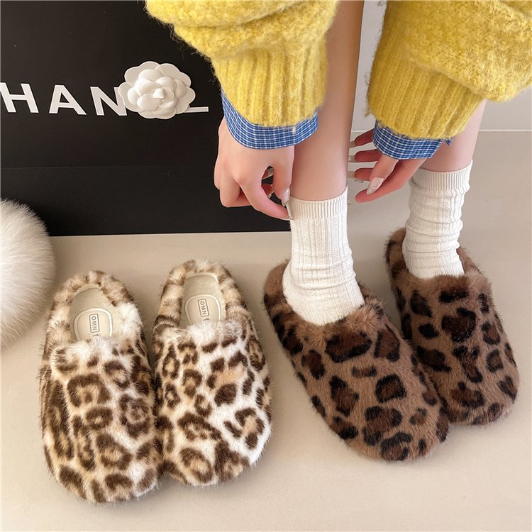 Baotou Pantoufles poilues Flat Botted French Retro Warm Leopard Print Chaussures en peluche