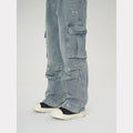 Pantalon de travail lavé en denim à jambes larges pour hommes avec de grandes poches
