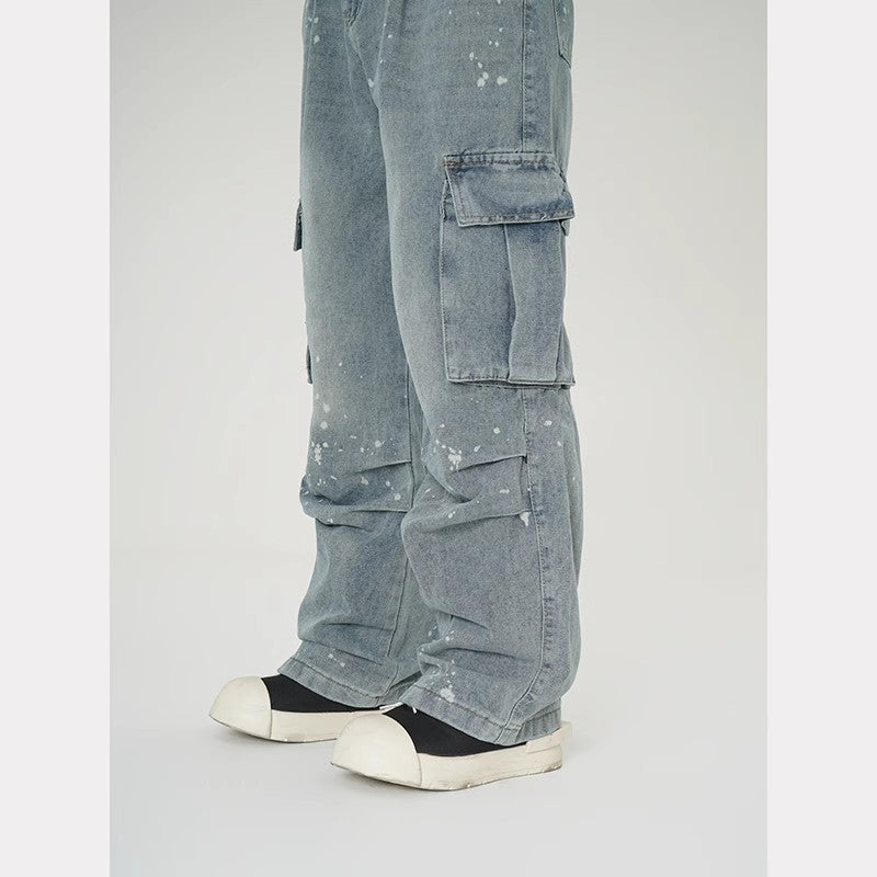 Pantalon de travail lavé en denim à jambes larges pour hommes avec de grandes poches