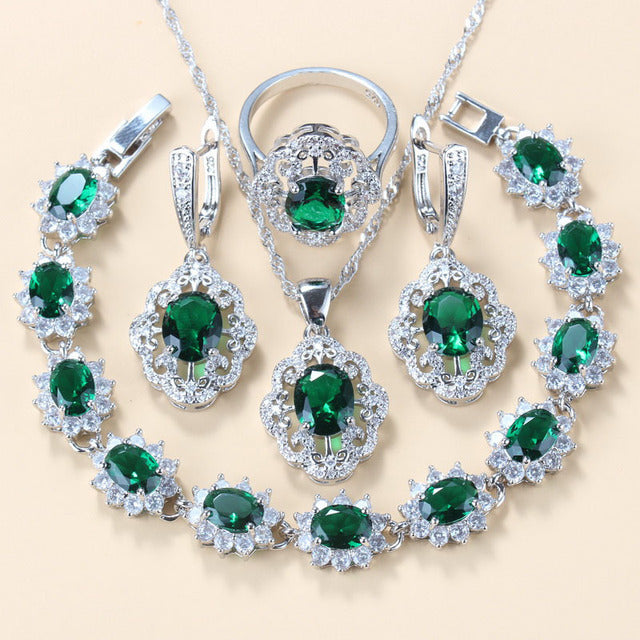 Garnet Cubic Zirconia Boucles d'oreilles Collier pendentif Bracelet Bague Cadeau 4 PCs Set