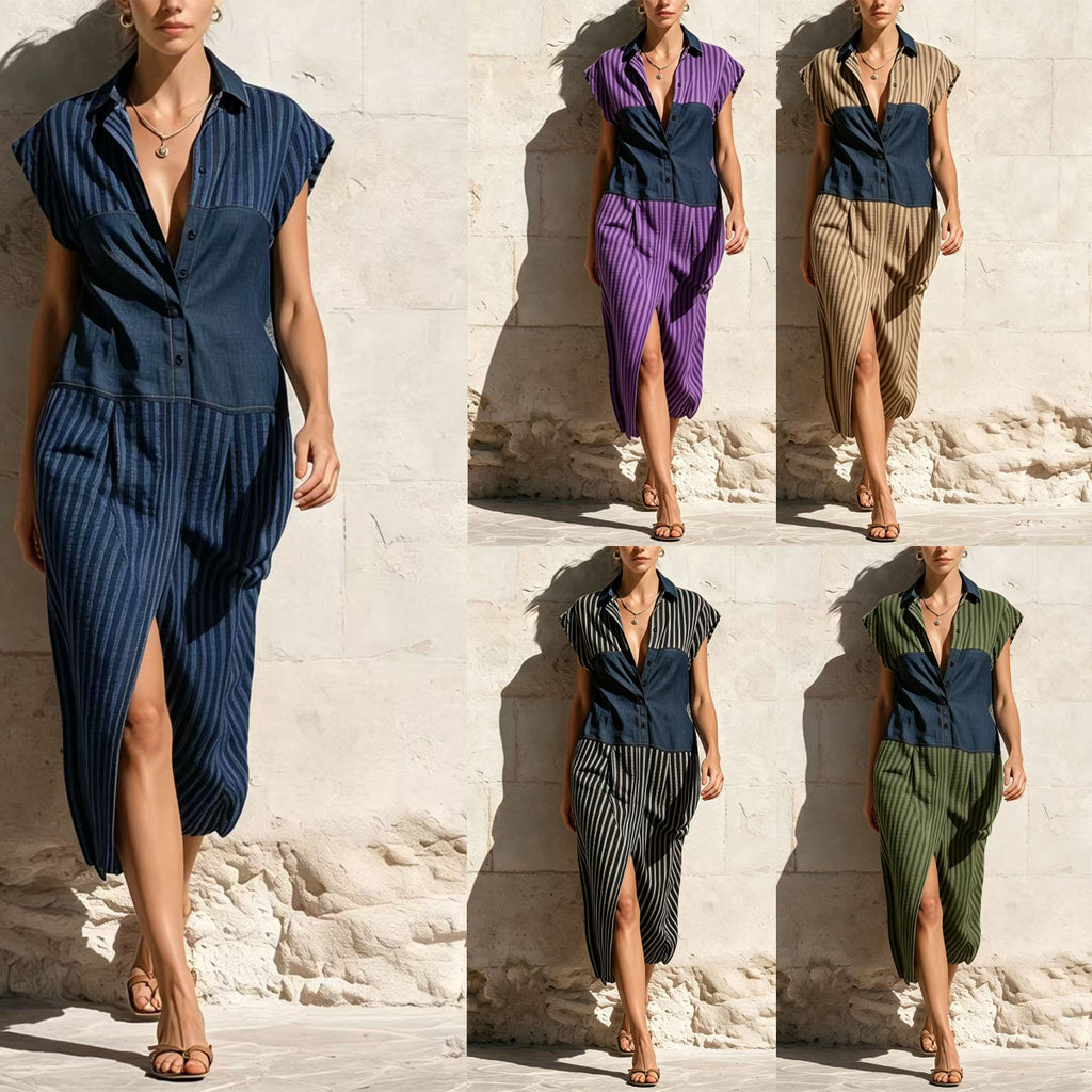 Robe de chemise de patchwork rayée Slit Design pour un look mi-long slimming
