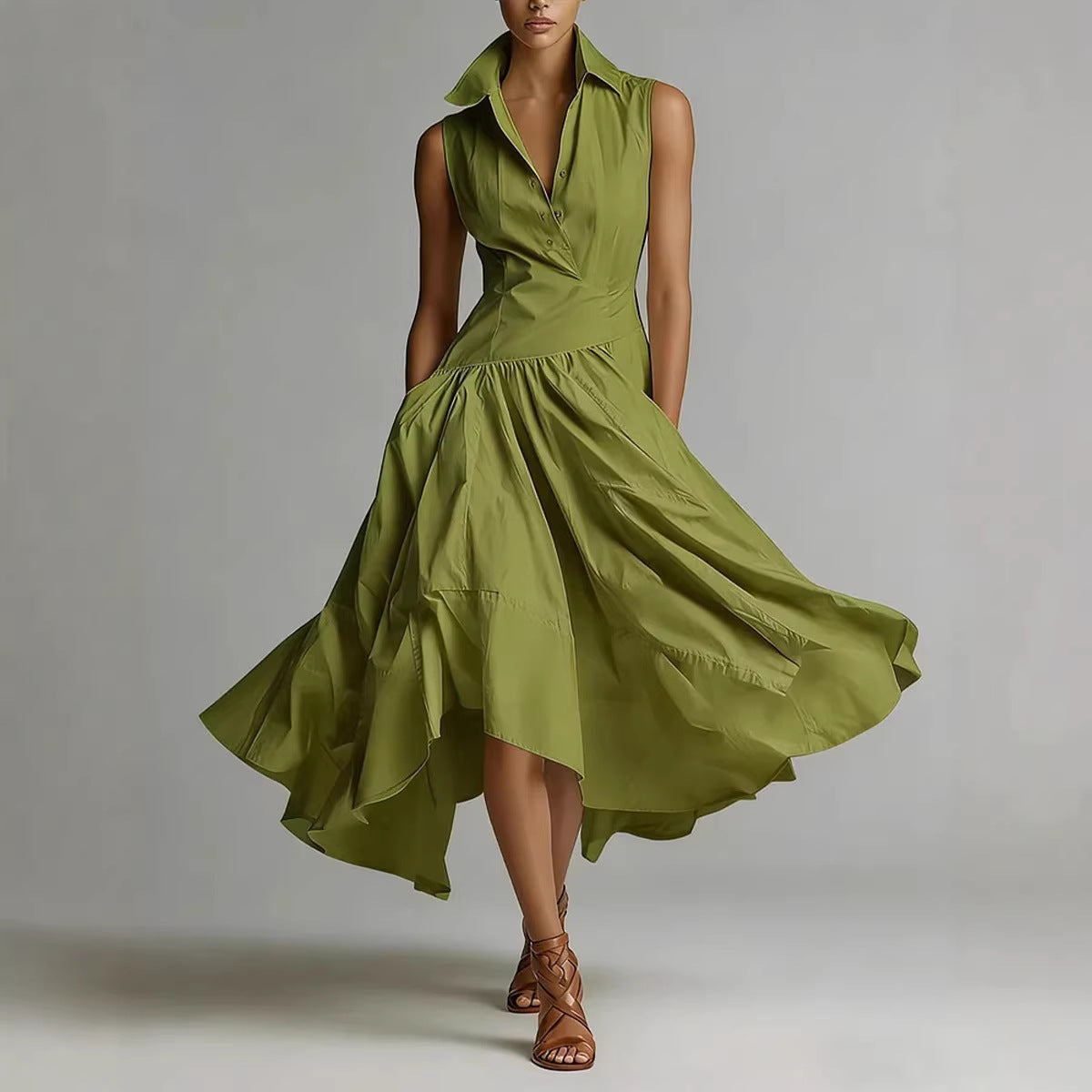Robe de mi-long avec col en chemise et sans manches