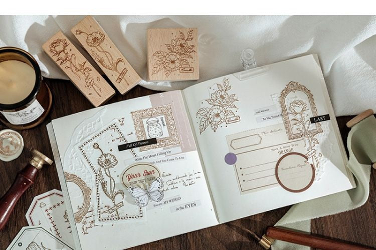Timbre en bois frais et rétro Fleur Artistic Flower Notebook Diy Matière décorative Woode