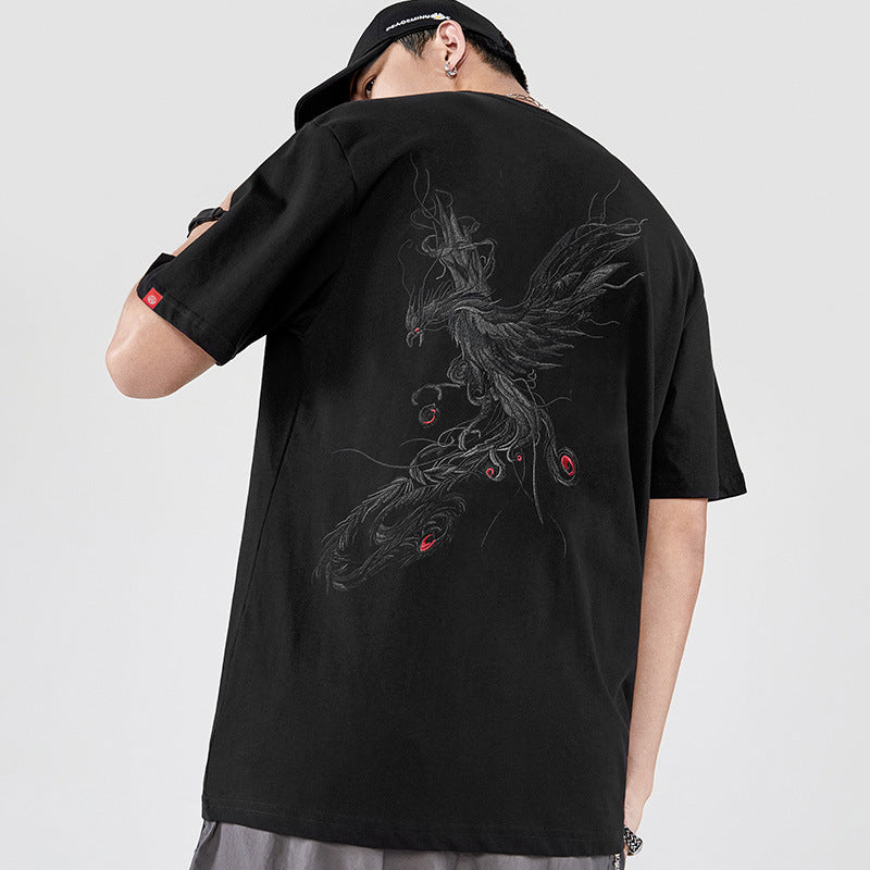 National Tendance Chinese Style Homme Phoenix Brodé demi manches Streetwear Marque