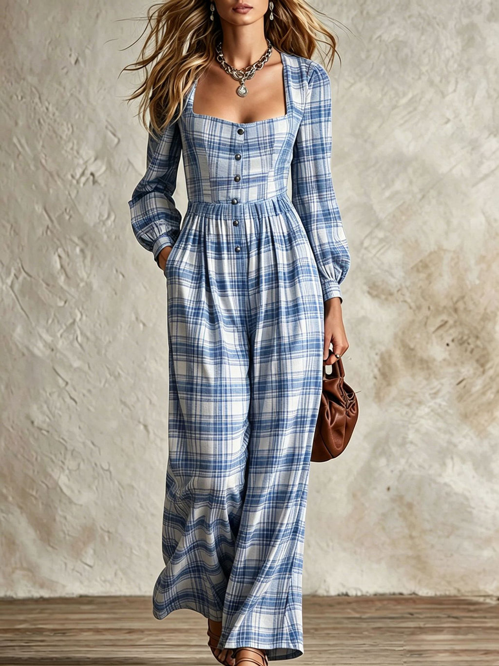 Femmes Plaid Col carré Coin de taille Boutonné Grande jambe combinaison de saut