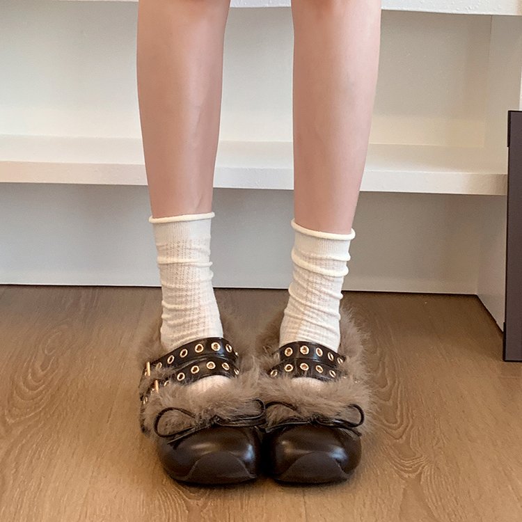 Chaussures poilues, Chaussures Mary Jane, Chaussures Femmes, Bouton simple avec chaussures de coton à bout carré