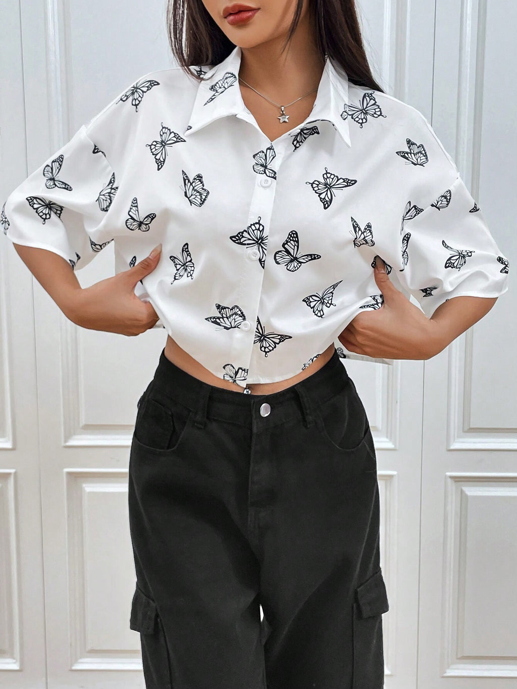 Vêtements pour femmes Amazon TEMU Mode Imprimé Niche à manches courtes Imprimé Butterfly Shirt W