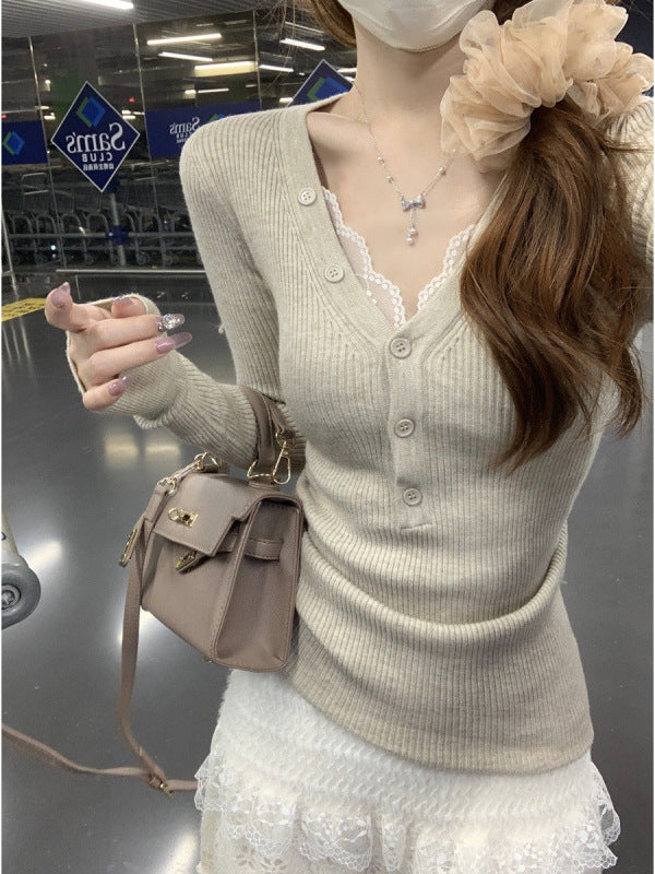 Début Automne Style coréen Élégant col V Boutonné Slim-fit Long-Sleeve Top