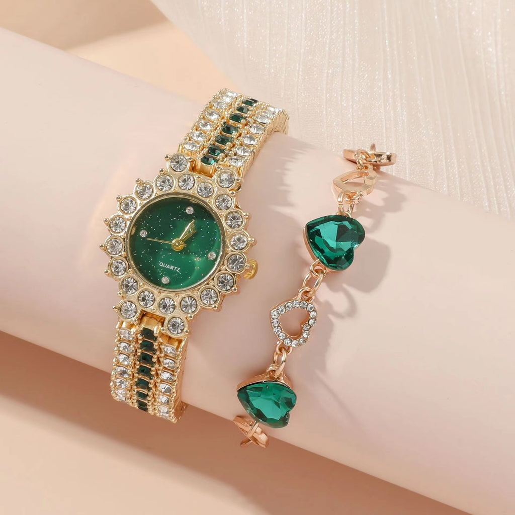 Popular Small Green Watch Ceinture en acier pour femmes Montres Quartz Bague Cadeau Set en boîte Cinq pièces S