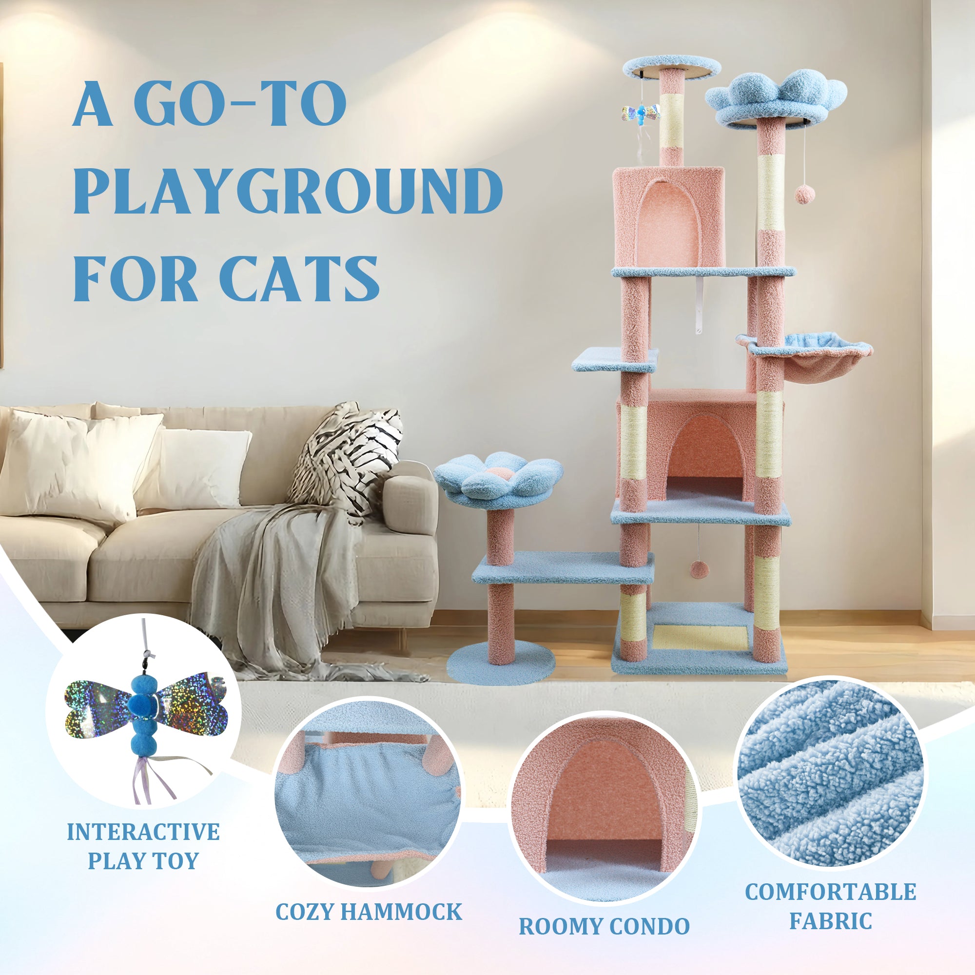 71 pouce arbre de chat fleur avec grand condo coussin de fleur amovible et hamac bleu