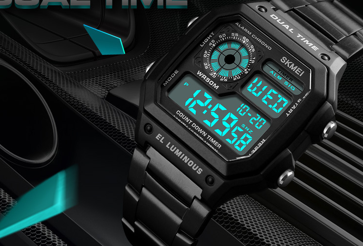 Montre électronique de ceinture en acier d'affaires double affichage multi-fonction sport montre étanche