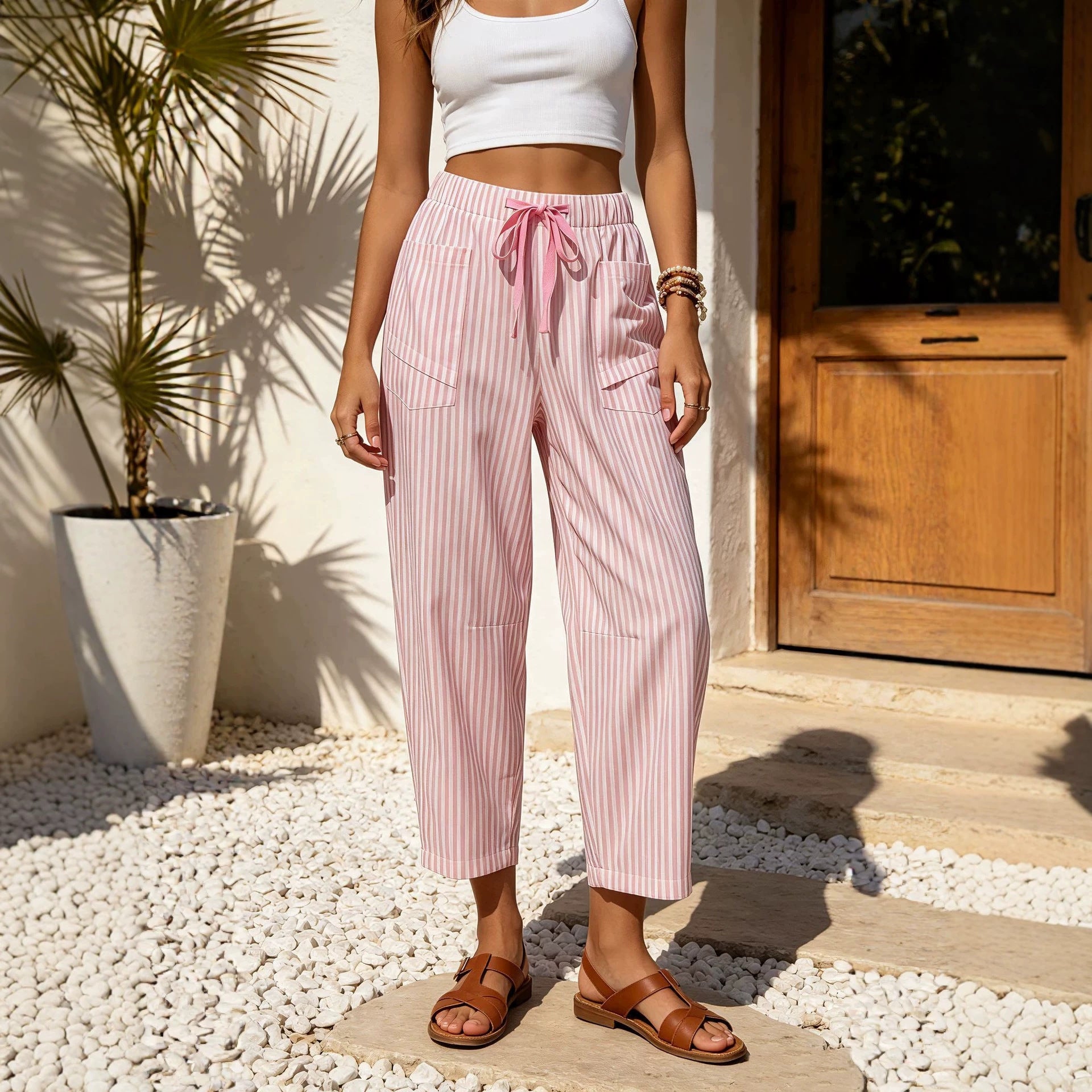 Pantalon pour femmes à poil élastique à imprimé rayé occasionnel