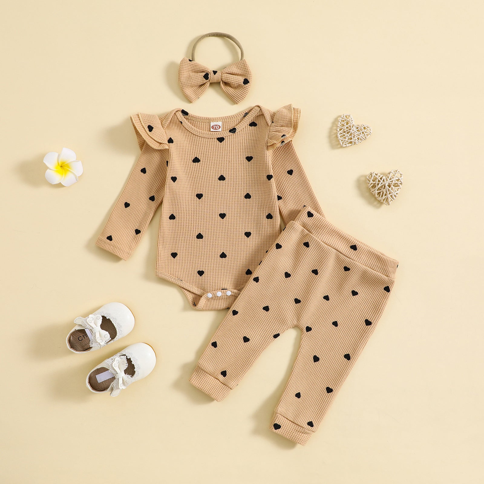 Printemps et automne Suit Heart Printing Waffle Sweat à manches longues Pantalon Pantalon Bande de cheveux Trois