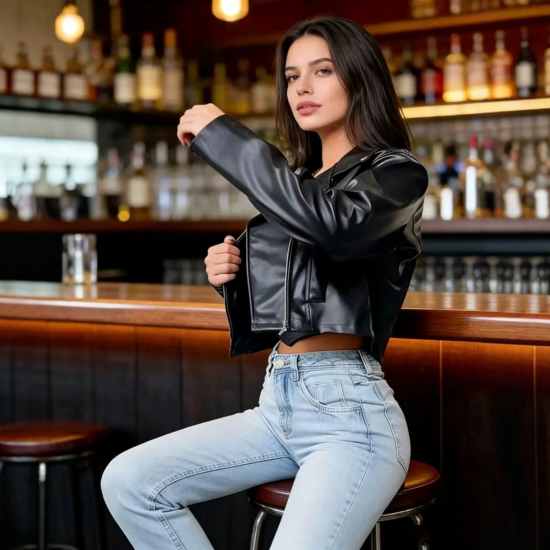 Veste en cuir PU courte européenne et américaine pour femmes