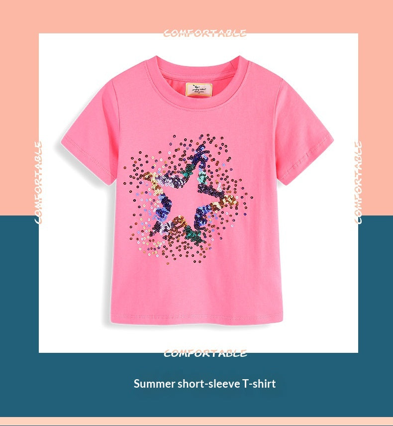 Tee-shirt à manches courtes pour filles à cinq points de paille brodé