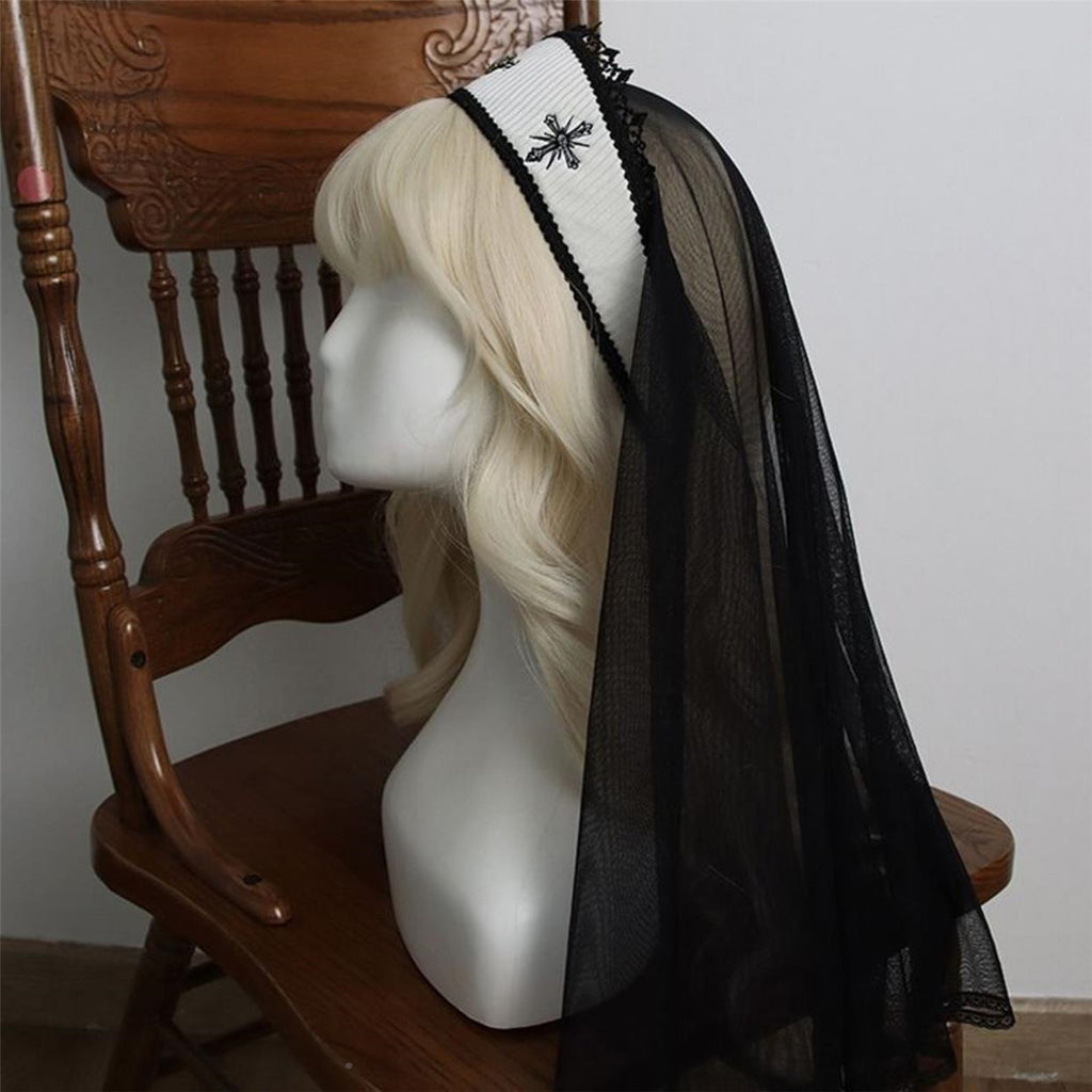 Nun Headdress Retro Hair Band Church Cross Brodery Light Diamond Châl Veil