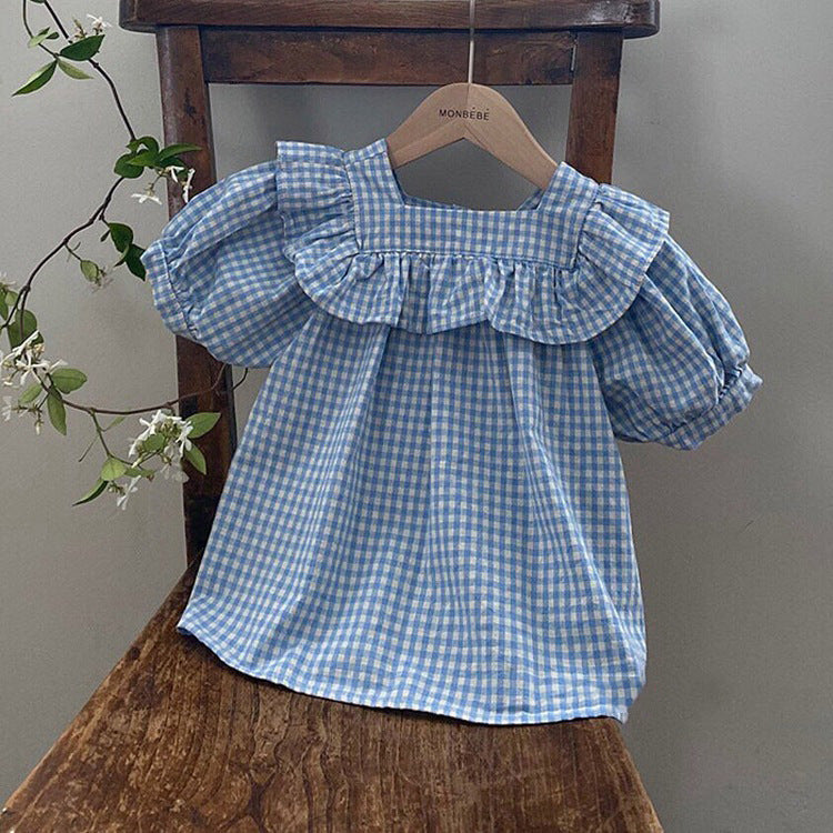 Été Western-style Plaid Puff Sleeves Vêtements pour enfants