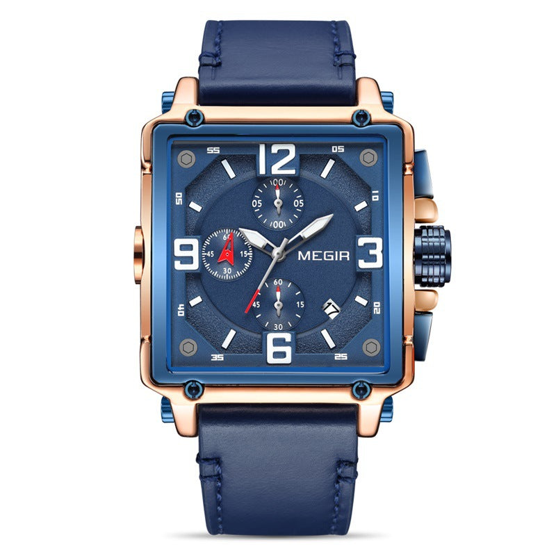 Lumineux homme Waterproof Square Multi-fonction Chronographe Calendrier Montre en cuir