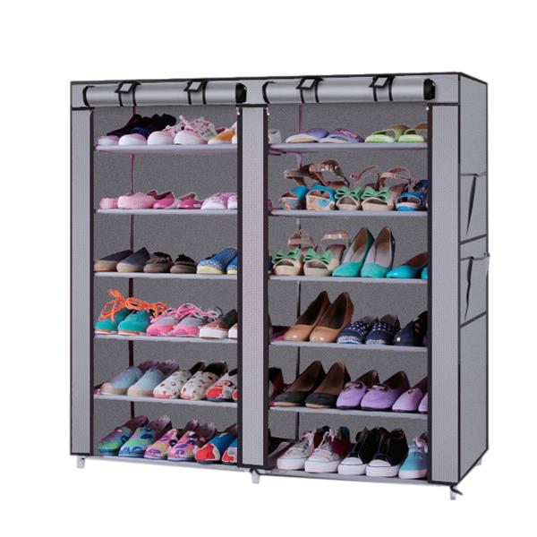 6 étages Double rangée 12 Grille Non-tissé en tissu Chaussures Cabinet gris