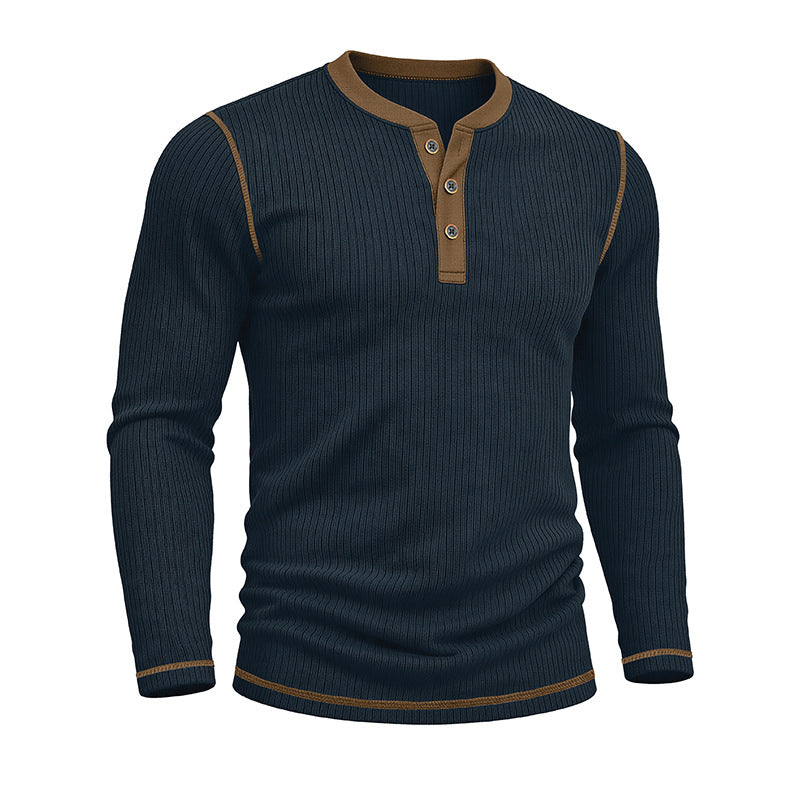 T-shirt manches longues pour hommes avec un chandail Henley bloqué en couleur