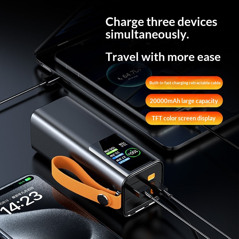 Chargeur portable haute puissance avec câble rétractable charge rapide écran couleur TFT Et Alu