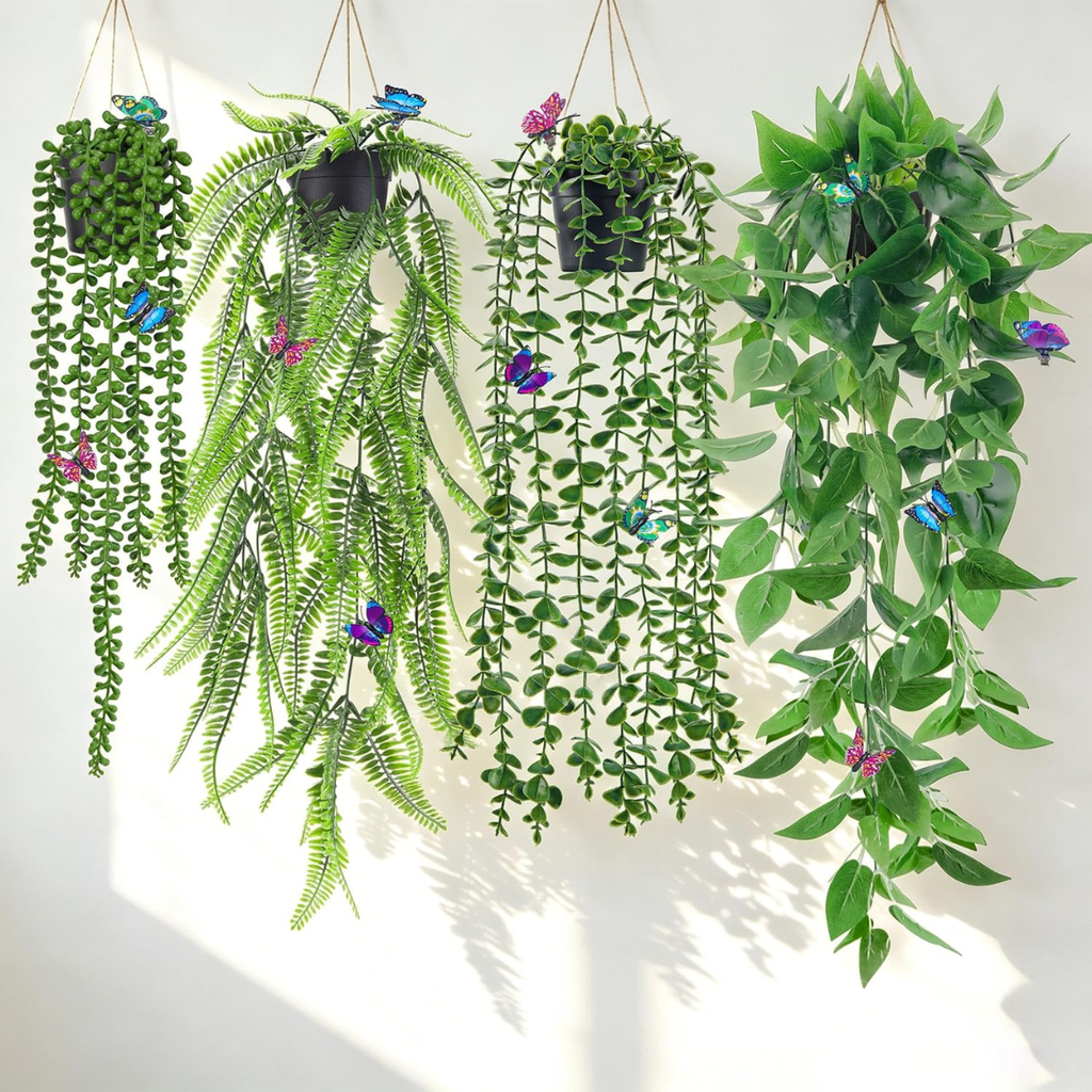Faux plantes suspendues avec papillons pour décor mural de plateau Eucalyptus Ivy Vines artificielles