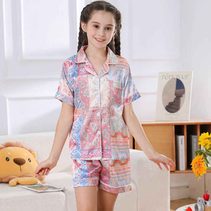 Pyjama de filles Pyjama mince de glace en soie pour enfants Short à manches courtes été