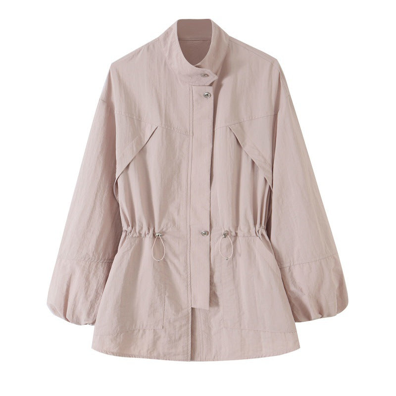 Veste d'automne de style Workwear Ceinture de mi-longueur Stand-collar Trench Coat