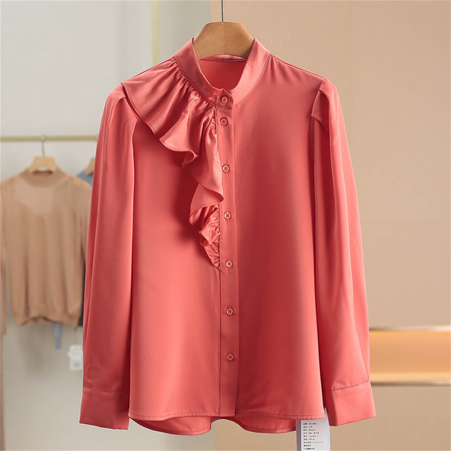 Cou rond Rufflé de couleur solide chemise simple
