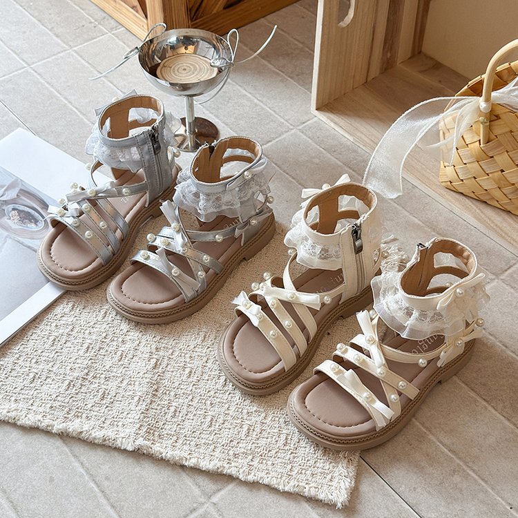 Sandales romaines pour enfants Summer Lace Pearl Bow Middle School Sandales filles Princesse Chaussures