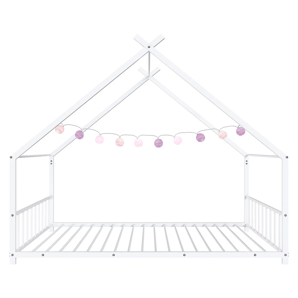 Maison de lit plat blanc en forme avec garde-corps latéraux Lit de fer pour enfants jumeaux