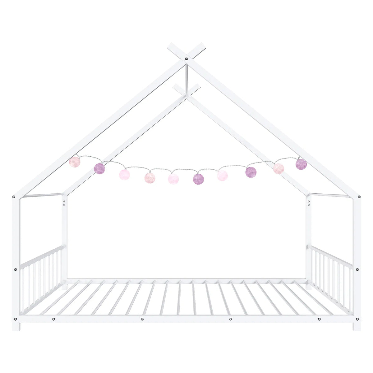 Maison de lit plat blanc en forme avec garde-corps latéraux Lit de fer pour enfants jumeaux