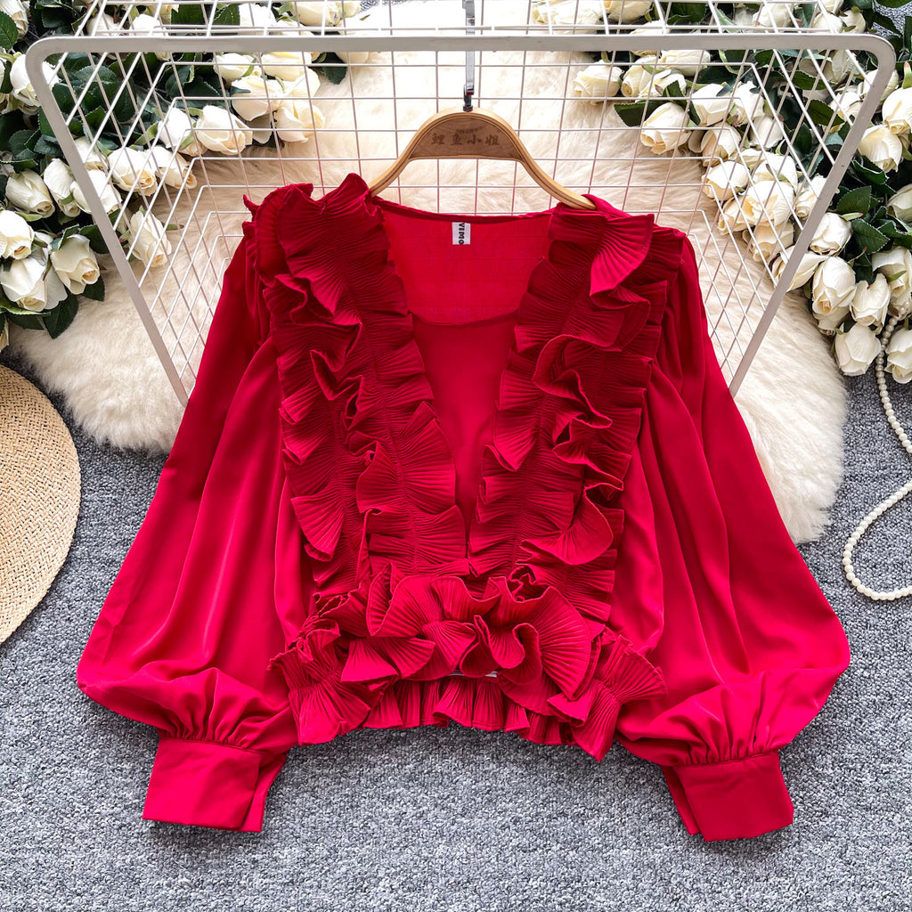Socialite Court-Style Top avec les manches et l'ourlet volant