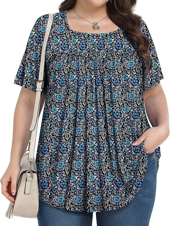 T-shirt casual à col rond à manches courtes avec imprimé floral plus taille