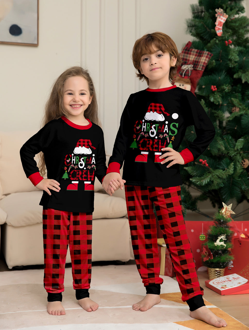 Chapeau de Noël Lettres de dessins animés Plaid rouge et noir imprimé costume de Noël