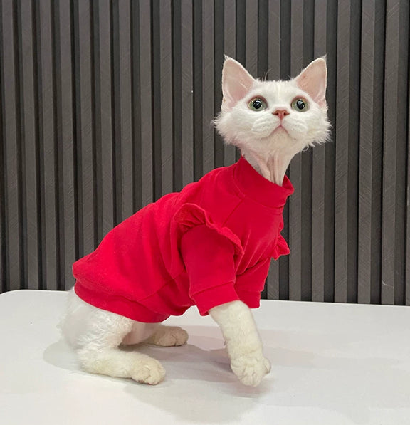 T-shirt rouge avec volants sans cheveux vêtements de chat Sphynx Et Devon Rex Apparel