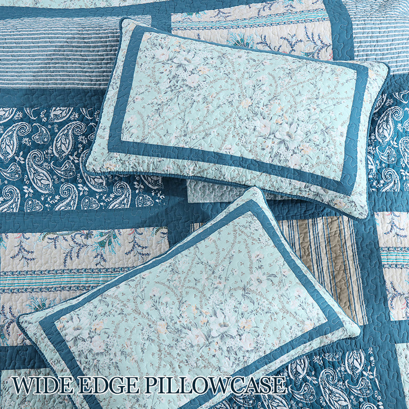 90x98 & 98x106 3 pièces Teal Blue Patchwork Comforter Set Paisley Floral Stripe Print