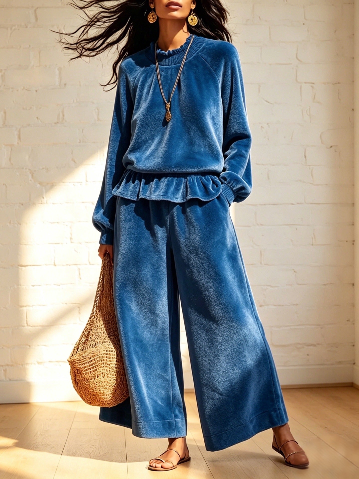 Fashionable femmes Casual Top et large-leg Pantalons ensemble