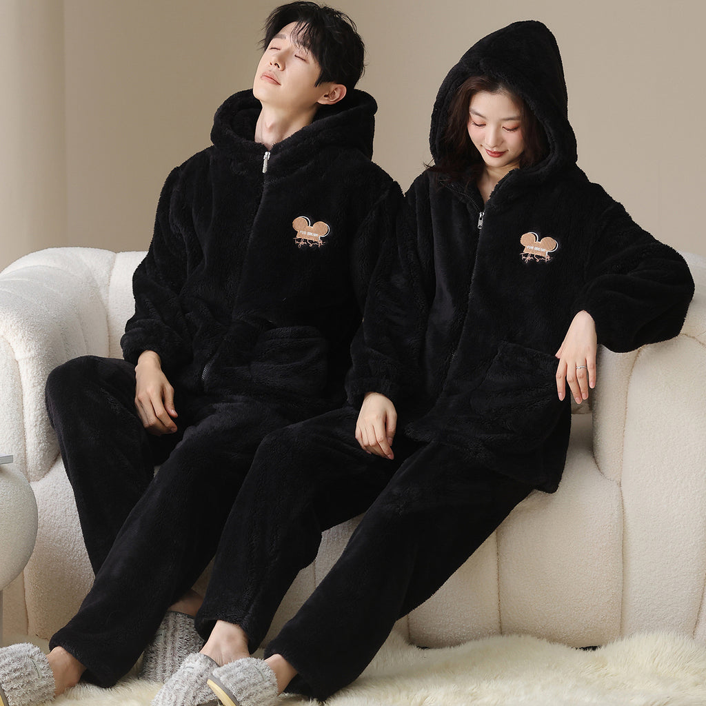 Couple peluche pyjama femme hiver casual zipper vêtements de dessus à capuche vêtements de maison pour hommes
