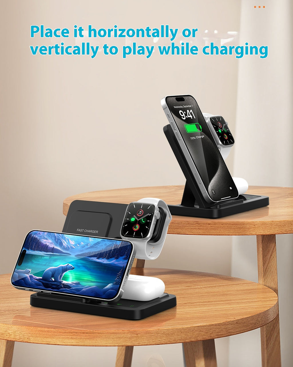 Chargeur sans fil trois en un pour Iphone15 Set de recharge rapide Iwatch Watch Casque B
