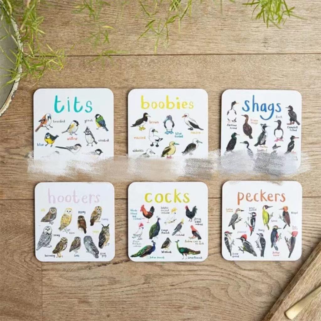 Sous-verres de pun d'oiseau Fun Square Boissons sous-verre pour enfants Tapis de coupe en bois et PVC Accueil Kitch