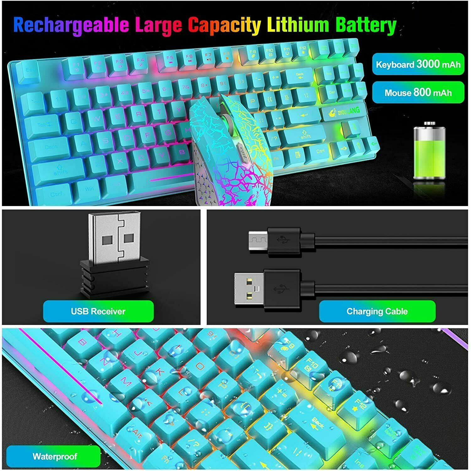 T87 sans fil jeu clavier et souris Rainbow rétroéclairé pour PC Mac PS4 Xbox One