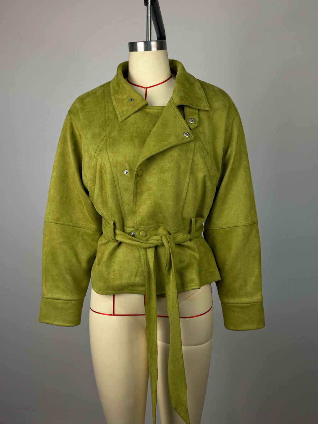 Faux Suede Stand Collar Waist Tie Veste surdimensionnée