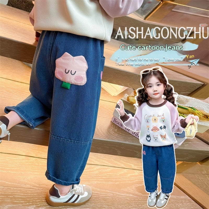 Filles Polyester Fibre Cartoon Pocket Jeans