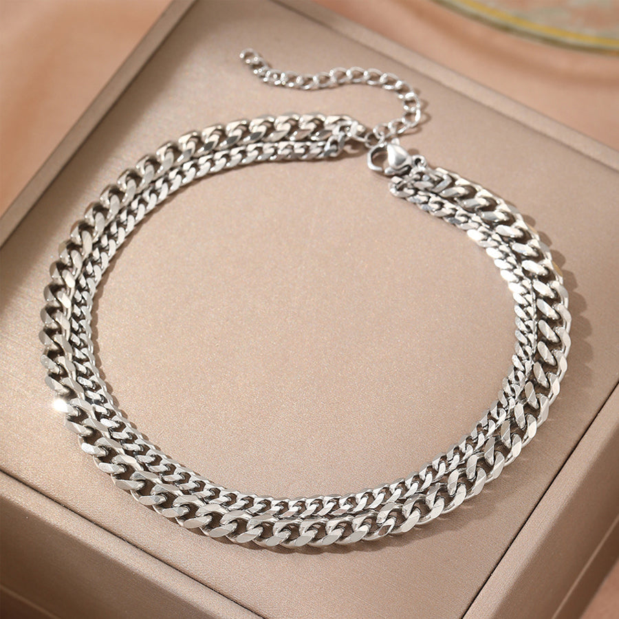 2Pcs Femmes Double couche Cuban chaîne Anklet or argent ton en acier inoxydable réglable Cur