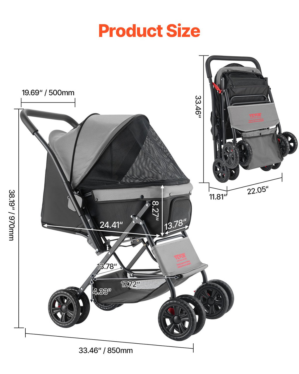 Poussette pour chien pliable 4 roues Poussette pour chien de voyage Poignée réversible jusqu'à 44lbs
