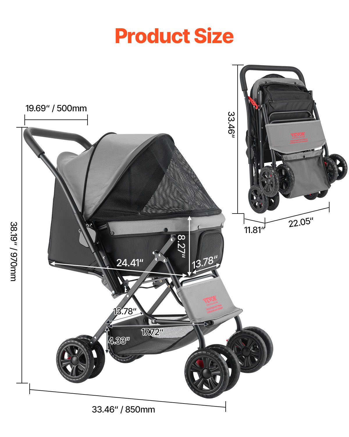 Poussette pour chien pliable 4 roues Poussette pour chien de voyage Poignée réversible jusqu'à 44lbs